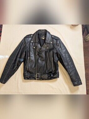 1990s Sears Black Leather Motorcycle Jacket with Belt